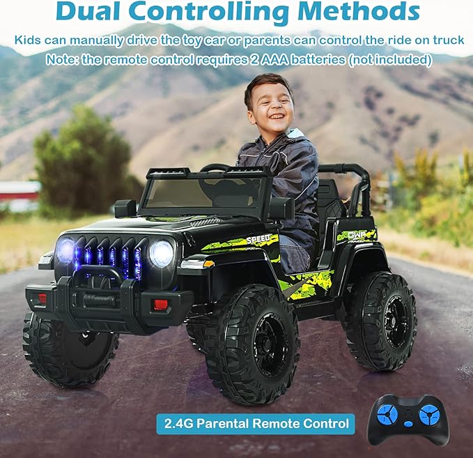 INFANS Kids Ride on Car Truck with 2.4G Remote Control, 12V Battery Powered Electric Cars for Kids w/3 Speeds, Battery Display, LED Lights, Safety Belt, Music & Horn, Bluetooth/FM/USB (Dark Black)
