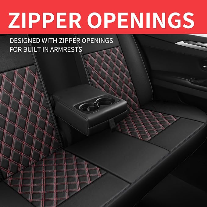 Car Seat Covers Full Set,Breathable and Waterproof Napa Leather Car Seat Cover,Interior Universal Fit for Cars,Sedans,SUVs,Vans,Trucks(Full Seat,Black+Red,N3)