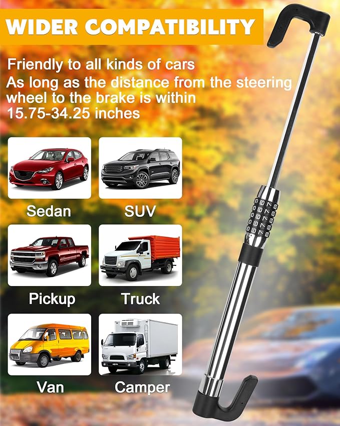 Tevlaphee Steering Wheel Lock Anti Theft Device Retractable Brake Pedal Lock Keyless Password 5 Coded Combination Anti Theft Car Security Device Heavy Duty Universal Fit for Vehicle Car Truck Van SUV