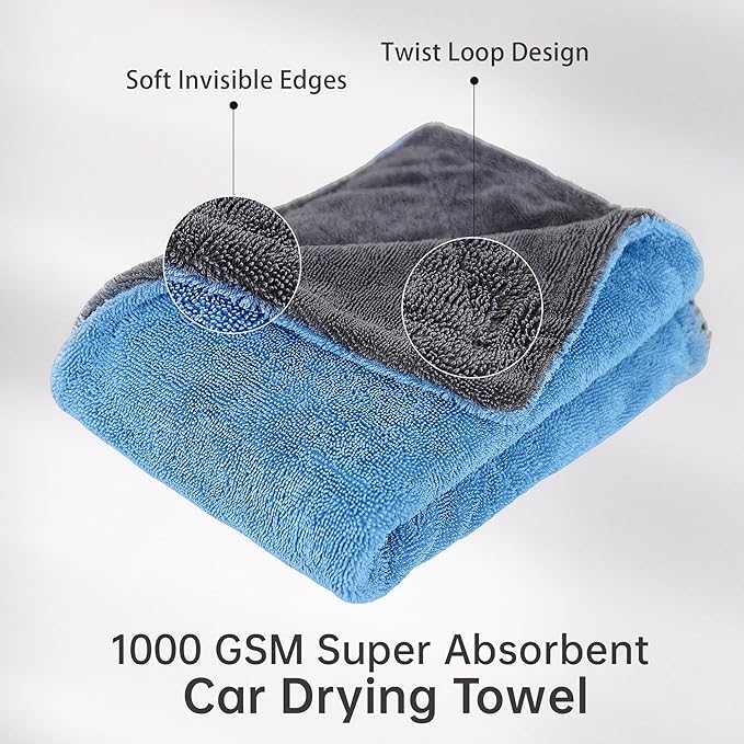 LIVOS Extra Large Car Drying Towel, Twisted Terry Microfiber Towels for Cars, 1000GSM Professional Quick Dry Cleaning Cloth for Car, Scratch-Free, Absorbent Wash Towel, 25" x 36" (Blue&Grey)