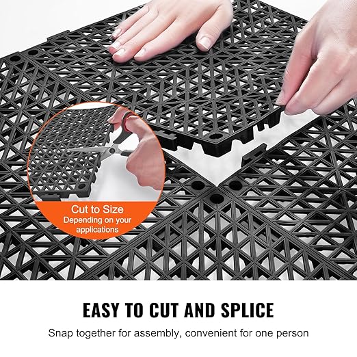 VEVOR Interlocking Tile 50PCS Black, Drainage Tiles 12" x 12" Splicing, Soft PVC Interlocking Drainage Floor Tiles, Non-Slip Drainage Holes for Restroom, Bathroom, Kitchen, Pool, Wet Areas