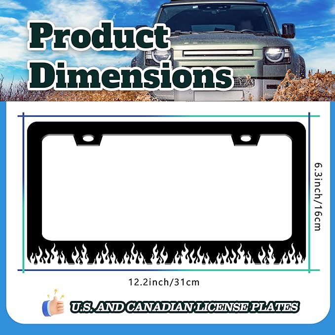 Black and White Flame License Plate Frame Fire License Plate Holder for Front or Rear Car Tags Stainless Steel Funny Car Decoration with Screws 6.3 X 12.2 in