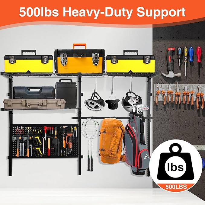 Garage Shelf Wall Mounted with Pegboard Heavy Duty Garage Wall Shelving with Garden Tool Rack and Hooks Garage Tool Organizer for Home Garden Yard Organization and Storage Holds 500lbs
