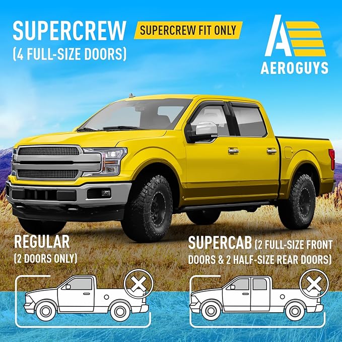 Extra Durable Window Deflectors Tape-On Window Visors Rain Guards Fit for Ford F150 2015-2025 SuperCrew, Sun Visors, Wind Vent for Shades, Exterior Car Accessories - 4pcs. AG0050