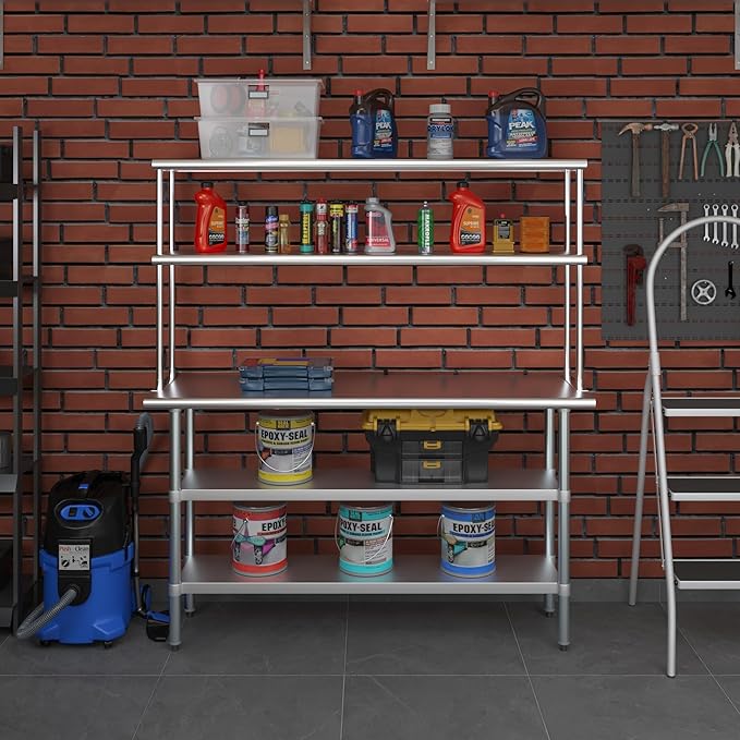 Amgood Stainless Steel Work Table with 2 Shelves | Metal Kitchen Prep Table & Shelving Combo (18" x 60" Table with 2 Shelves + 12" Overshelf)