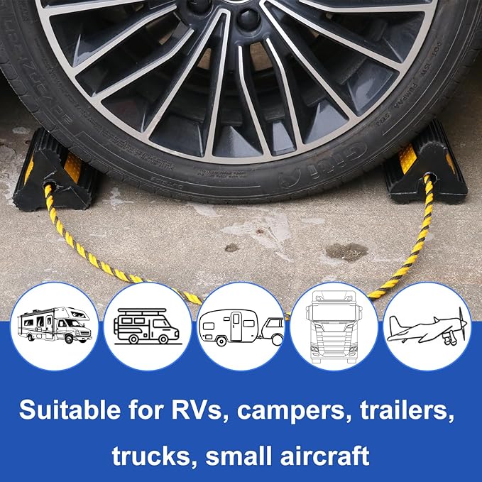2 Pair Wheel Chocks for Travel Trailers, Rubber Tire Stopper Blocks with Rope, Rubber RV Wheel chocks Blocks, Trailer Wheel Chocks, Ideal for Travel Trailers, RVs, Cars & More