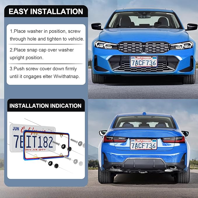 LivTee 4 Holes Stainless Steel License Plate Frames, 2 PCS Car Licence Plate Covers, Automotive Exterior Accessories Slim Design with Bolts Washer Caps for US Vehicles, Colorful