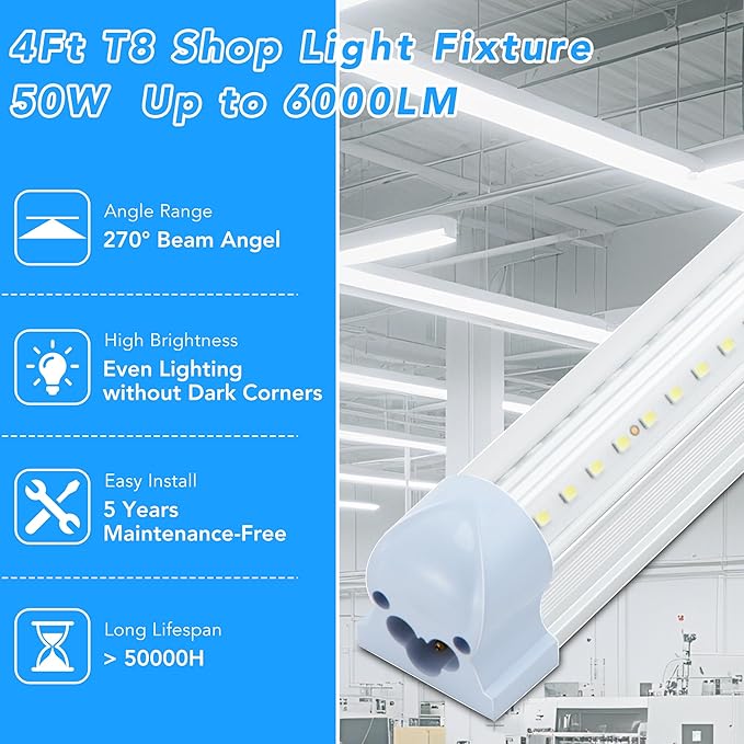 T8 LED Shop Lights 4FT, 4 Pack LED Garage Lights 50W 9600LM 6000K, Linkable Work Light, Plug & Play Energy-Saving Workshop Lighting for Warehouse Basement Classroom(V2)
