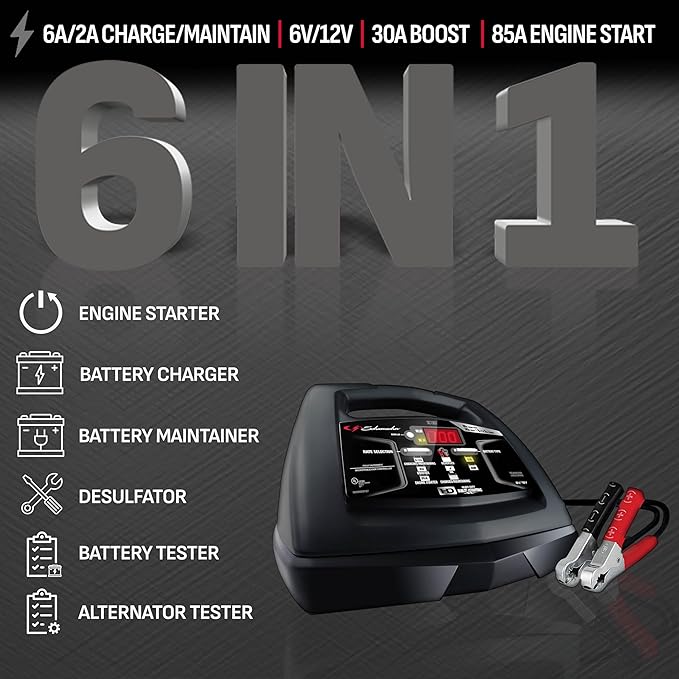 Schumacher Electric 6A Battery Charger and 85A Engine Starter, 6-in-1 Solution for 6V/12V Batteries, Maintainer, 30 Amp Boost, SC1307, for Power Sport, Car, Truck, and Marine Batteries