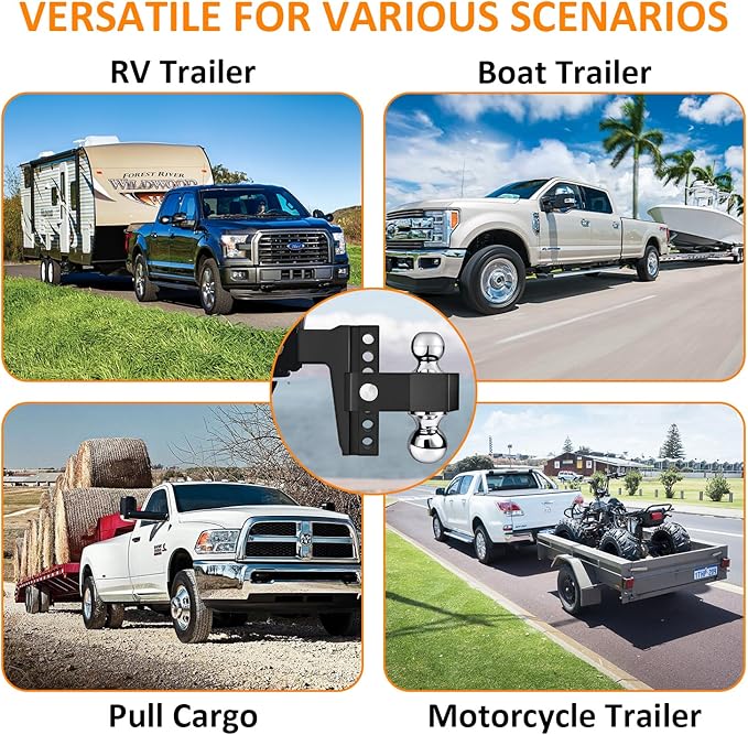 Adjustable Trailer Hitch-Drop Hitch Fits 2.5-Inch Receiver -6" Drop/Rise Tow Hitch with 2" and 2-5/16" Tow Balls-18,500GTW with Double Anti-Theft Pins Locks, Black
