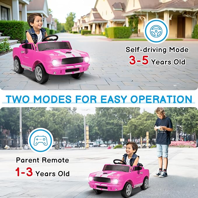 Winado 12V Licensed Shelby Electric Car for Kids, Battery Powered Ride On Toy for Toddlers with Remote Control, Upgrade Panel, Bluetooth, Shock Absorbers, Safety Belt, 3 Speeds, LED Lights - Pink