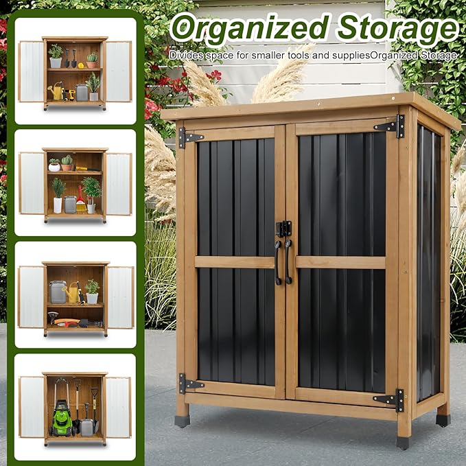 Outdoor Storage Cabinet Wood & Metal Small Storage Shed Waterproof Roof, Double Lockable Doors Garden Shed with Removable Shelves for Patio, Garden, Backyard, Lawn, 32" x 13" x 40" (Brown)