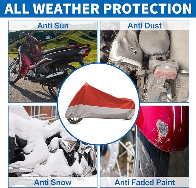 X AUTOHAUX Motorcycle Cover for Harley Davidson for Honda for Suzuki All Season Weather Waterproof Sun Motorbike Cover Fits Up to 78.74'' Motorcycles Vehicle Cover M Red Silver Tone