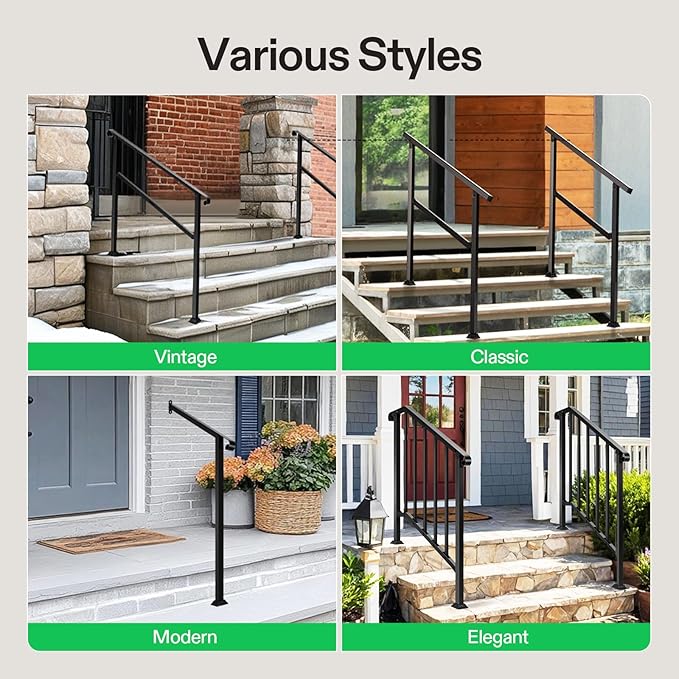 VIVOSUN Outdoor Handrail, 3 Step Stair Handrail, 40" x 36" Fits 1 to 3 Steps, Wrought Mattle Iron Stair Railing with Curved End and Balusters for Concrete Step, Porch Steps, One-Step Assembly, Black