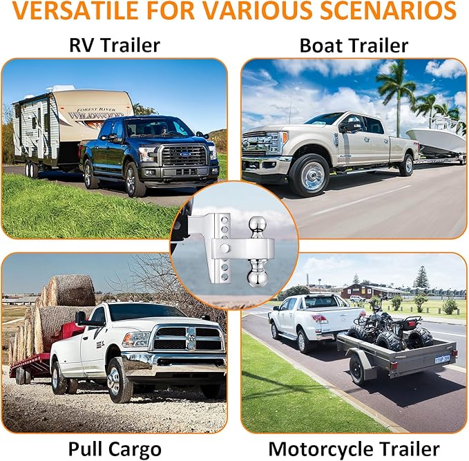 Adjustable Trailer Hitch-Drop Hitch Fits 2.5-Inch Receiver -6" Drop/Rise Tow Hitch with 2" and 2-5/16" Tow Balls-18,500GTW with Double Anti-Theft Pins Locks (Silver)