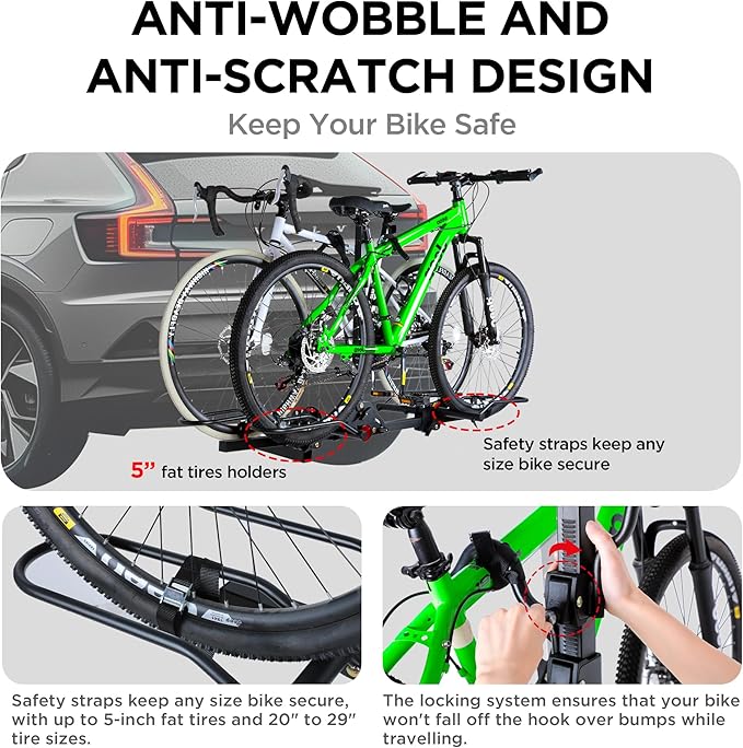 Young 200 lbs. Capacity Hitch Mounted 2-Bike Rack with Lock for Standard, Mountain, Fat Tire Bikes, fit Car, SUV, Van, RV, Trailer, Truck，Fits up to 5" Fat Tire Width and 50" Wheelbase，for 2" Receiver
