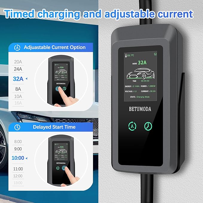 Level 2 EV Charger, 32 Amp, Portable Charger for Home and J1772, 25ft Cable, 240V, Charging Stations with LED Display, NEMA14-50 Plug, Current Adjustable.(Tesla Need Adapter)