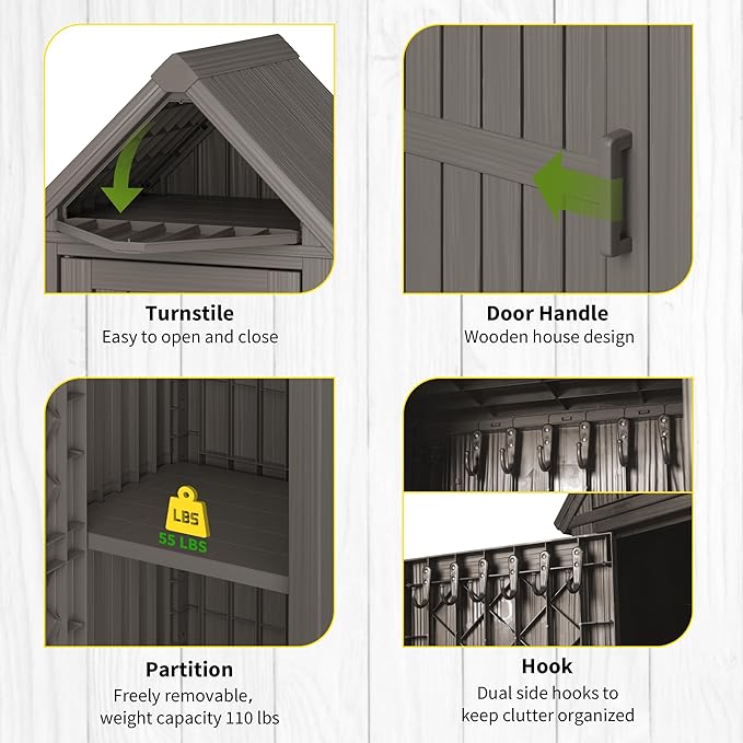Shed Outdoor Storage Shed with Sloping Roof and Lockable Door, Resin Outdoor Storage Box Cabinet Waterproof and Multiple Hooks for Backyard, Patio, Poolside, Grey