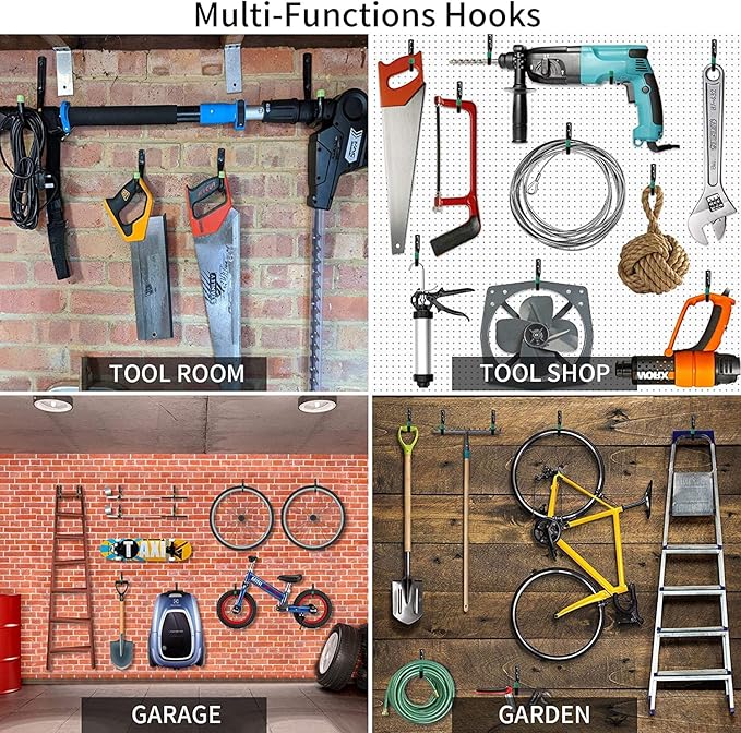 Steel Garage Storage Hooks - 6 Pack, Organizer for Hanging Power and Garden Tools, Ladders, Hose, Bikes, Ropes, Bulk Items, and More(Green)