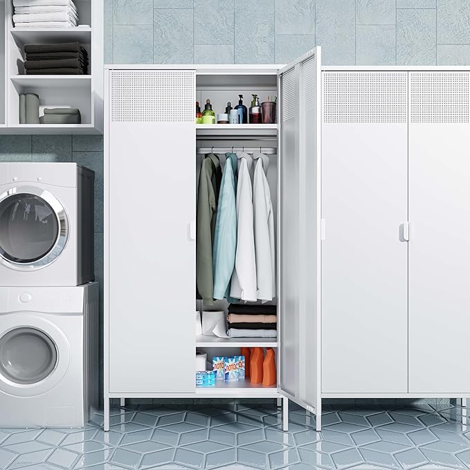 Metal Storage Cabinets Locker with Hanging Rod and Adjustable Shelves, 71'' Clothing Steel Storage Wardrobe for Home & Office, School, Employee,Gym(White, 71''H-Wardrobe)