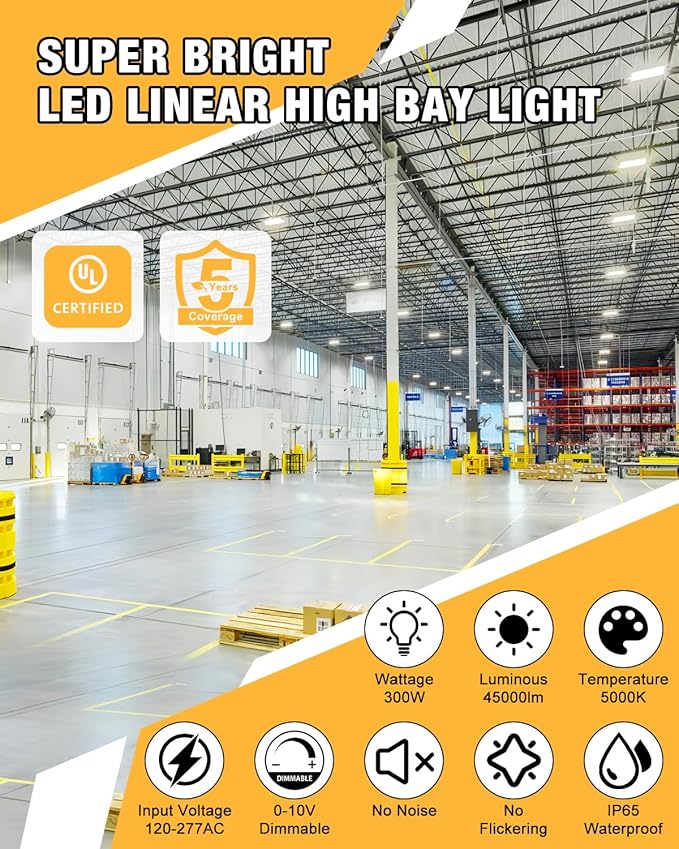 300W LED Linear High Bay Light, 45000LM Linear High Bay Shop Light Commercial 120-277V, 5000K High Bay Lights for Warehouse, Garage Factory, UL Listed, 5 Years Warranty, 4 Pack