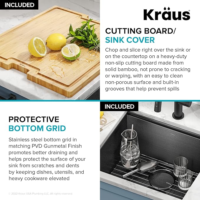 KRAUS Kore 21 Inch Undermount Workstation 16 Gauge Stainless Steel Single Bowl Kitchen Sink n PVD Gunmetal Finish with Accessories, KWU1101-21-PGM