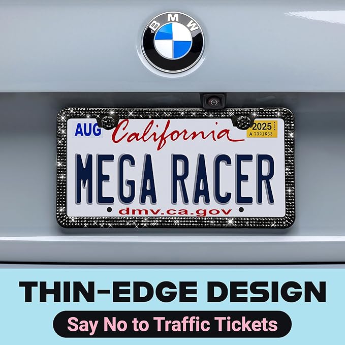 Elegant Bling License Plate Frame for Women - 1 Pack, 800 Premium Black Rhinestones, Rust-Free Stainless Steel, Street Legal Slim Design, Sparkly Diamond Car Tag Holder with Glitter Crystal Covers