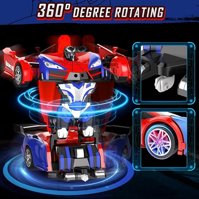 Remote Control Car for Boys 4-7, 2.4GHz RC Car 1:18 Scale, One-Button Transforming Toy with 360° Spins, LED Lights
