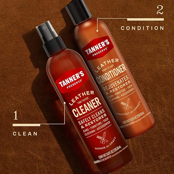 Tanner's Preserve Leather Cleaner & Conditioner Duo Pack, Cleans, Rejuvinates & Restores Finished Leather, Use for Cars, Furniture & More, 2X 8 Fl Oz