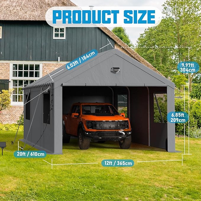12x20 Carport Canopy, Heavy Duty Car Port, Portable Car Ports Garage with 2 Roll-Up Zipper Drive Through Doors, Grey