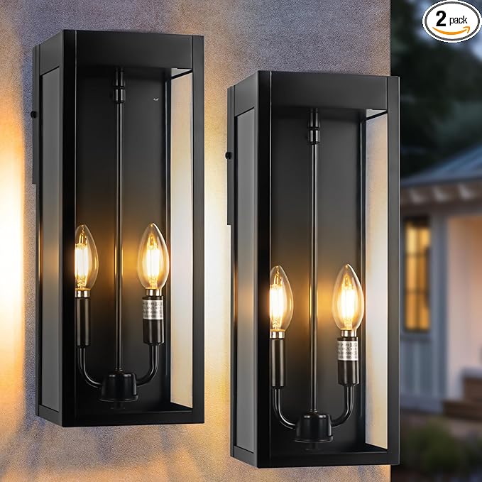Outdoor Wall Lights 16 Inch Large, 2 Pack Black Modern Exterior Lighting Fixtures Wall Mounted with 2 Candle Light, Waterproof Outside Sconce Coach Garage Lanterns Porch Lamps for House E12