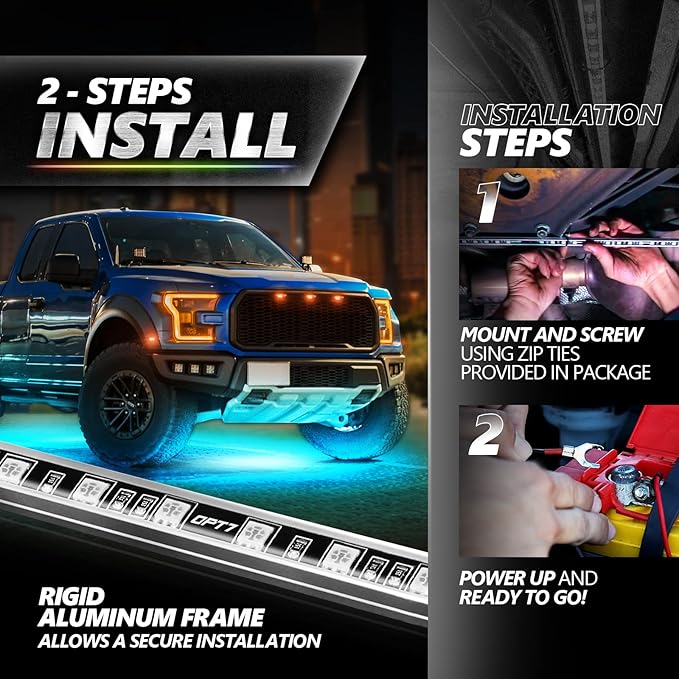 OPT7 Aura Pro Underglow LED Lights with APP & Remote Control, RGB Multicolor Mode, Music Sync, 4 PCS Waterproof Rigid Aluminum Light Bar, Exterior Underbody Lighting Kit Universal Fit for Car Truck RV