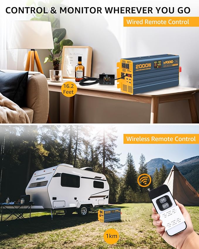 2000W Pure Sine Wave Power Inverter DC 12V to 110V 120V AC with 4 Quick Charging USB Ports& 3 AC Outlets Power Inverters for Vehicles RV Truck Home with LCD Display and Remote Controller