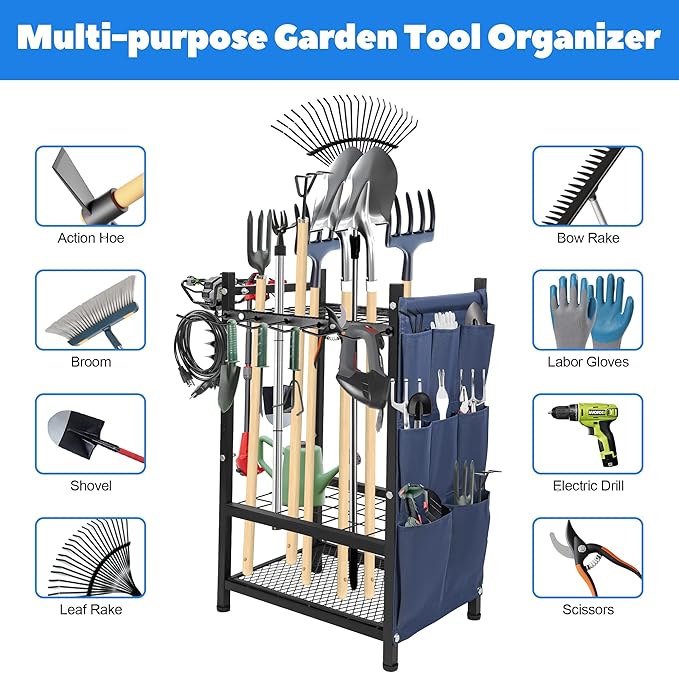 Garden Tool Rack Freestanding, Heavy Duty Garden Tool Organizer, 3-tier Tool Rack, Multifunctional Yard Tool Storage with Hooks and Storage pockets for Outdoor Long-Handled Broom Shovel Rake