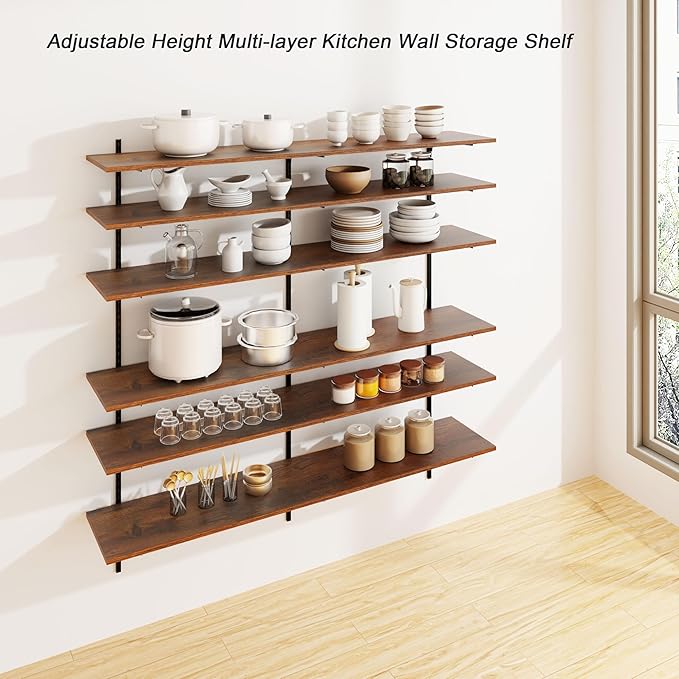 ROGMARS 60" W Garage Wall Mounted Shelving Heavy Duty, 6 Tier Garage Shelves, Adjustable Height Storage Shelving Unit, Wall Shelf Storage Rack Floating Shelves for Warehouse, Pantry, School, Shop