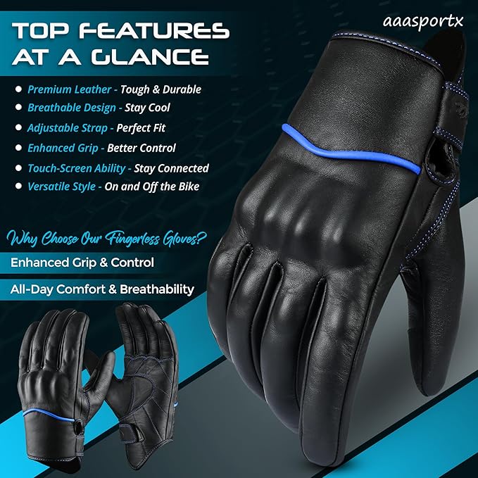 aasportx Motorcycle Gloves - Men's Leather Motorbike Gloves with Touchscreen Function - Non-Slip Pads for Men & Women