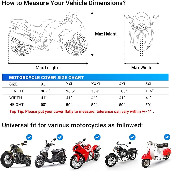Favoto Motorcycle Cover Waterproof Outoor - Universal Heavy Duty Oxford Fabric with Lock-Hole 3 Night Reflectors Windproof Buckles Storage Bag Rain Dust Sun Protection Silver, 86.6 inch