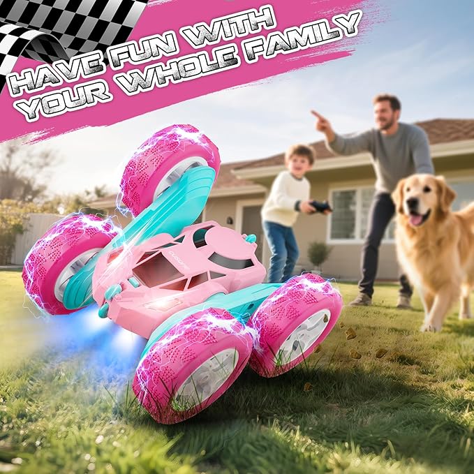 Pink Remote Control Car for Girls - RC Stunt Cars with 4WD Double-Sided Driving 360° Flips Rotating, Off Road Remote Car Outdoor Toys for Kids Age 6 7 8-12, Christmas Birthday Gifts