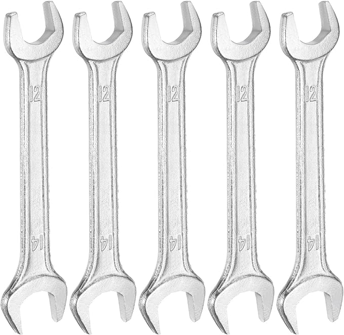 HARFINGTON 5pcs Double Open End Wrench 12mm x 14mm Metric 15 Degree Offset Angle Small Flat Head Wrench Galvanizing Open Ended Spanner for Automotive Repair Furniture Assembly