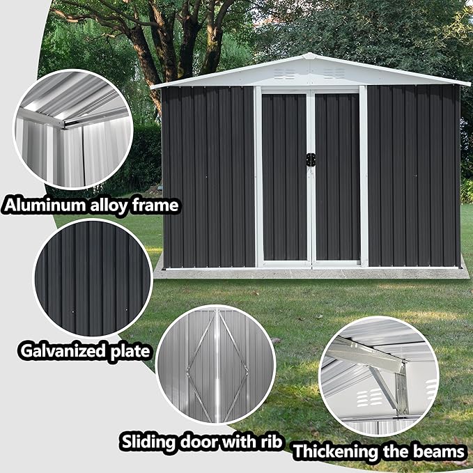 6x8 FT Outdoor Storage Shed, Metal Garden Shed with Lockable Sliding Doors, Outside Tool Shed with Sloped Roof & 4 Air Vents, Waterproof Storage Building for Backyard, Patio, Lawn, Gray