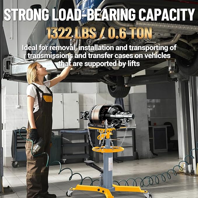 Dual Plunger Hydraulic Transmission Jack 1322lbs Capacity, 33.5"-69" High Lift 2-Stage Hydraulic Telescoping Jack, Trans Jack Stand with Non-Slip Pad, Foot Pedal & Swivel Wheel, Yellow