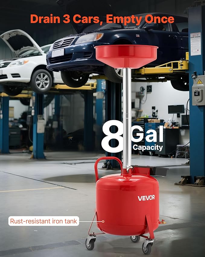 VEVOR 8 Gallon Waste Oil Drain Tank, Industrial Fluid Drain Tank with Adjustable Funnel Height, Portable Oil Drainer with Wheels & Toolbox, Fluid Fuel Transfer Drainage for Auto Repair Shops, Red