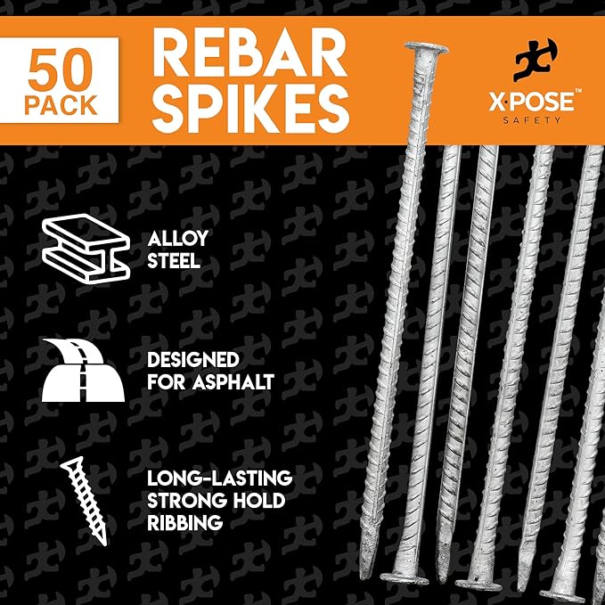 Heavy Duty Rebar Stakes 14" - 1/2" Diameter Threaded Galvanized Steel Spikes – 50 Pack Metal Ground Stakes for Speed Bumps & Wheel Stops – Support Estacas de Metal – Durable Asphalt Surface