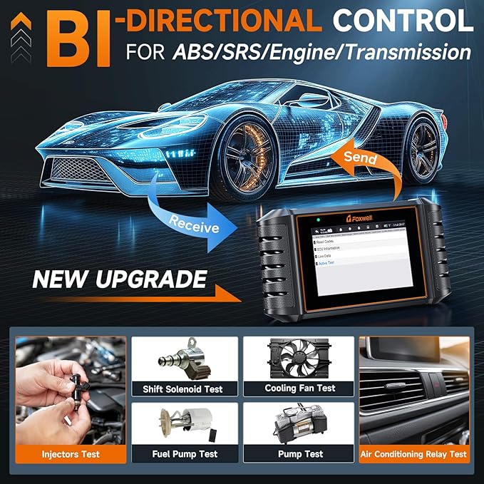 FOXWELL NT716 Bidirectional OBD2 Scanner – ABS, Airbag, Transmission, Engine Scanner with 9 Service Resets Including ABS Bleeding Oil Light, EPB, BMS, DPF, Throttle Relearn, Orange