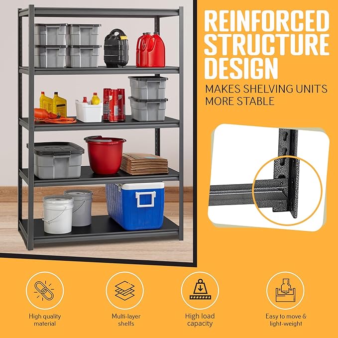 Rigma 5 Tier Garage Shelf, Heavy Duty Steel Shelving Unit, Adjustable Metal Multi-use Storage Rack, Shelves for Garage, Basement, and Industrial Warehouse Or Office (47" W X 20" D X 72" H 5-Tier)