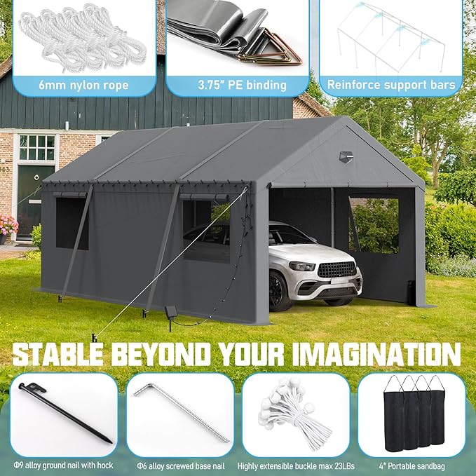 12x20 Carport Canopy, Heavy Duty Car Port, Portable Car Ports Garage with 2 Roll-Up Zipper Drive Through Doors, Grey