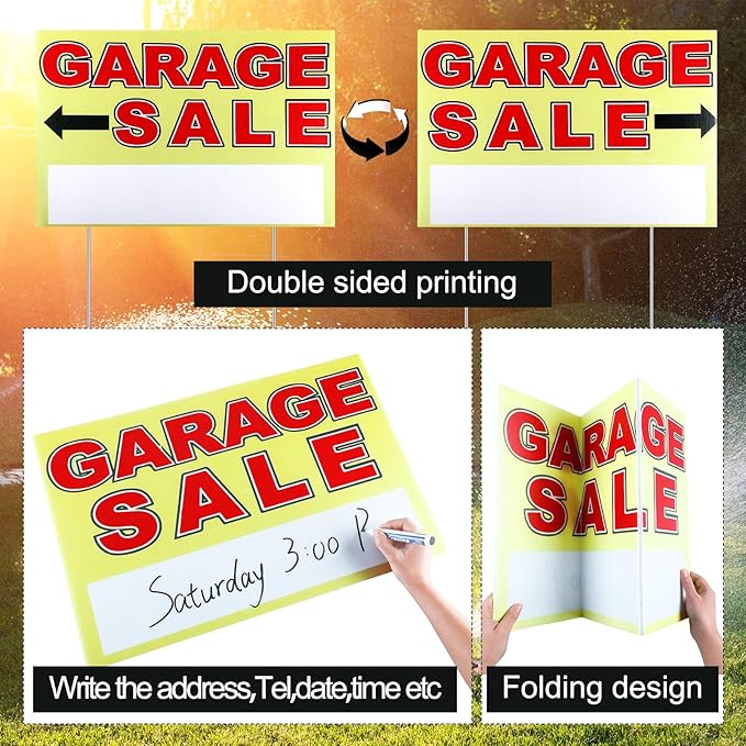Marsui 3 Pcs Garage Sale Sign 23.6 x 15.7 Inch Double Sided Garage Sale Sign with Stakes Blank Corrugated Plastic Yard Signs with Directional Arrow and Metal Stake