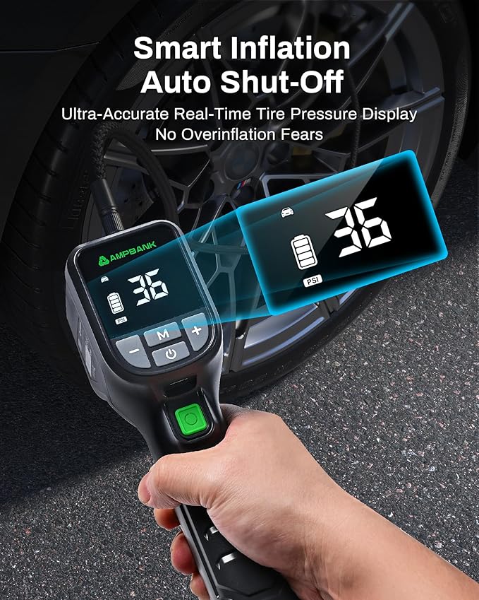 Tire Inflator Portable AMPBANK AT001, Portable Tire Inflator for Car with Pressure Gauge,Auto Air Pump150 PSI, Portable Air Compressor with LED for Car Tires, Motorcycle, SUV, Bicycle, Balls and more
