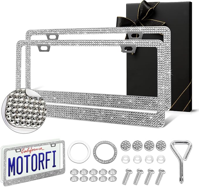 2 Pack Silver Bling License Plate Frames for Women - Stainless Steel with Diamond Sparkly Rhinestone License Plate Holder - Perfect Birthday for Auto Lovers