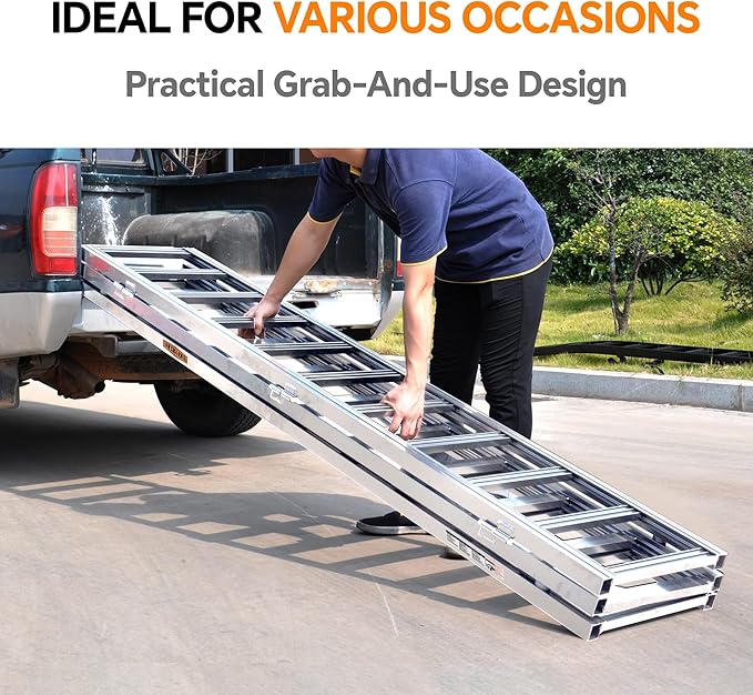 Rockland Tri-Fold Aluminum Loading Ramp, 84" x 54", 1500 LBS Loading Capacity, Portable Ramp for Motorcycles, Ebikes and ATVs, with 2 Safety Straps Included